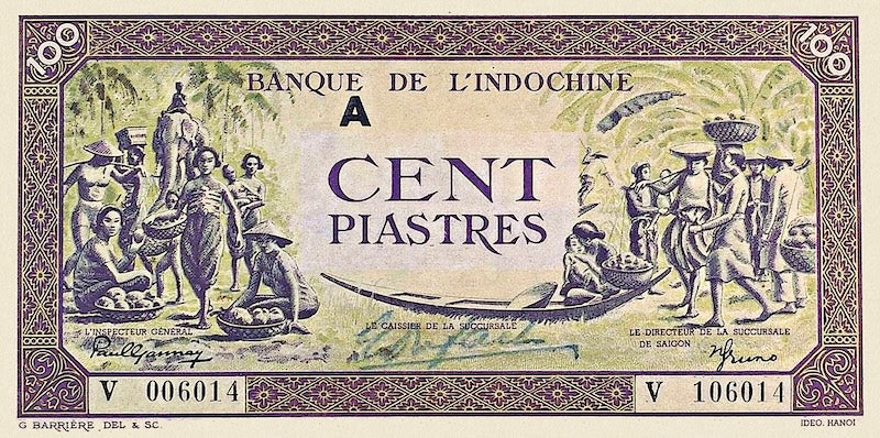 French Indo-China banknotes, Banque de l'Indochine, 100 Piastres, 1942, Pick P-67, UNC