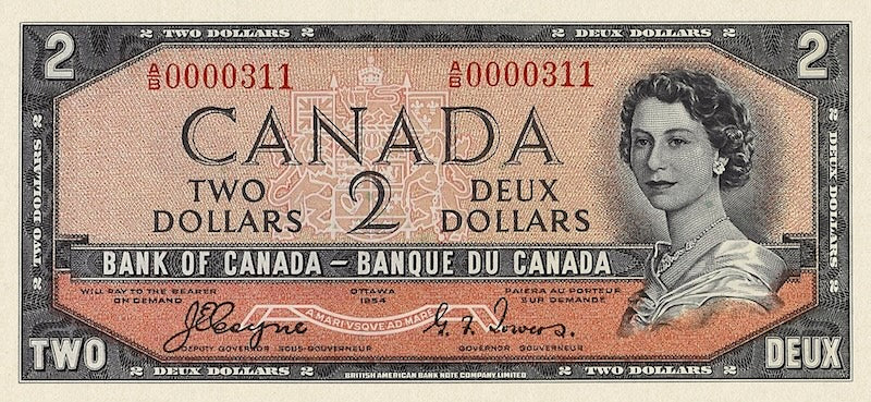 Canada banknotes, Elizabeth II (The Devil's Face), $2 Dollars, 1954, Pick P-67, UNC