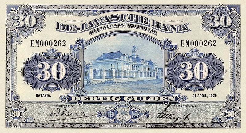 Netherlands Indies banknotes, Uang Kuno Belanda, 30 Gulden, 1919, Pick P-67, UNC
