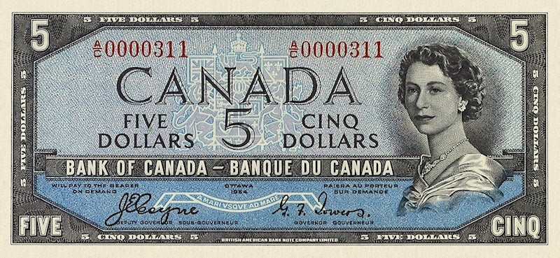 Canada banknotes, Elizabeth II (The Devil's Face), $5 Dollars, 1954, Pick P-68, UNC