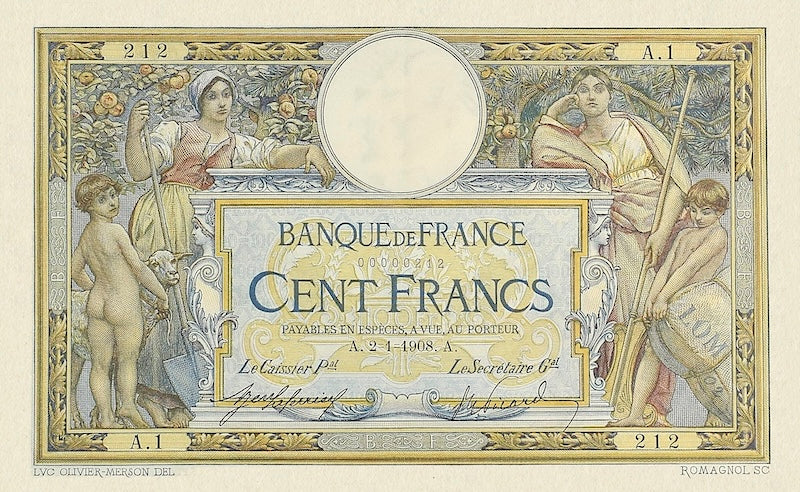 France banknote, Banque de France, 100 Francs, 1908, Pick P-69, UNC