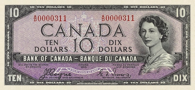 Canada banknotes, Elizabeth II (The Devil's Face), $10 Dollars, 1954, Pick P-69, UNC