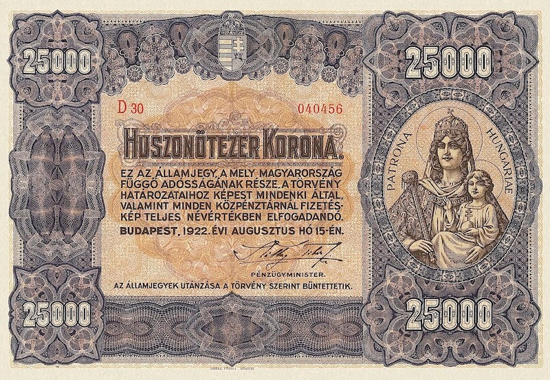 Hungary banknote, Pénzügyminisztérium, 25000 Korona, 1922, Pick P-69, UNC