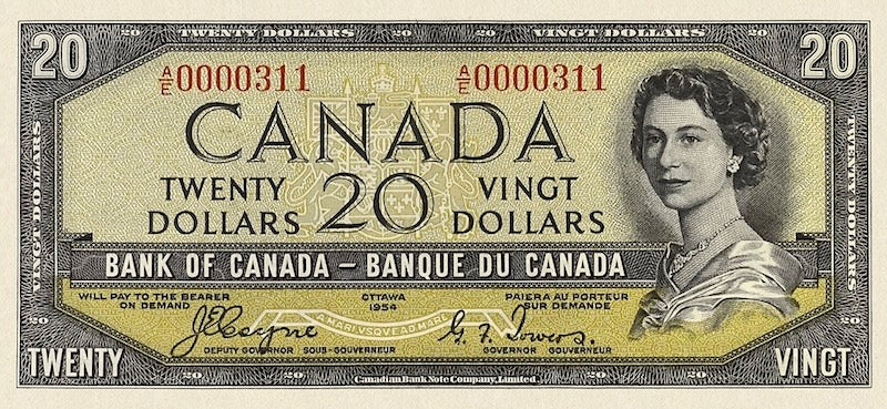 Canada banknotes, Elizabeth II (The Devil's Face), $20 Dollars, 1954, Pick P-70, UNC