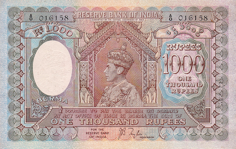 British Burma banknotes, KGVI, 1000 Rupees, 1939, Pick P-7, UNC