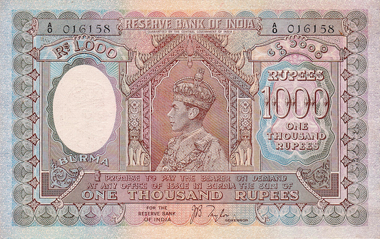 British Burma banknotes, KGVI, 1000 Rupees, 1939, Pick P-7, UNC