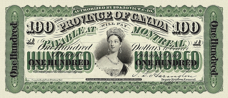 Province of Canada banknote, $100 Dollars, 1866, Pick P-7, UNC