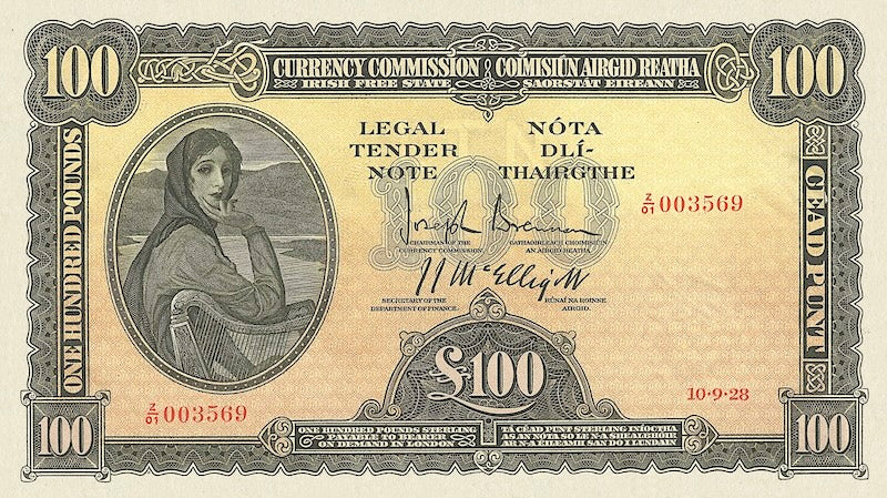 Ireland banknotes, Irish Free State (Saorstát Éireann), Lady Lavery Issue,  £100 Pounds, 1928, Pick  P-7, UNC