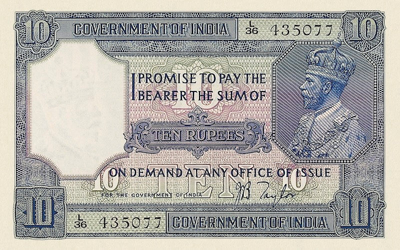 British India banknote, King George V, 10 Rupees, 1927, Pick P-7, UNC