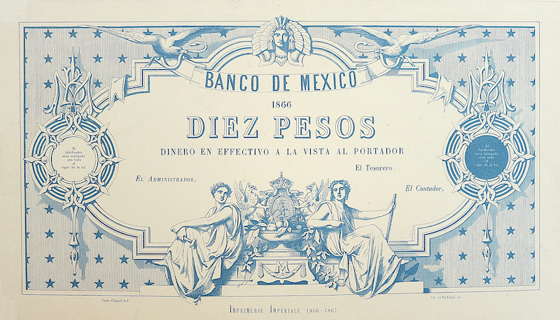 Mexico banknote, Empire of Maximilian, Banco de Mexico, 10 Pesos, Year 1866, Pick P-7, UNC