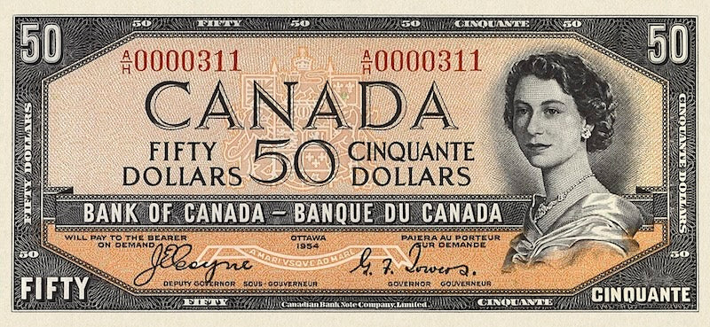 Canada banknotes, Elizabeth II (The Devil's Face), $50 Dollars, 1954, Pick P-71, UNC