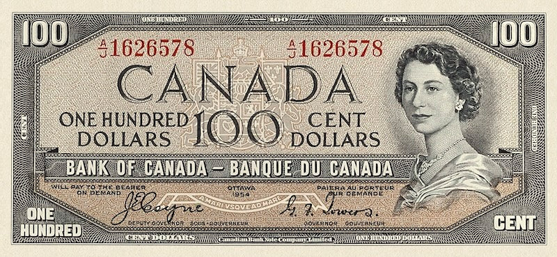 Canada banknotes, Elizabeth II (The Devil's Face), $100 Dollars, 1954, Pick P-72, UNC