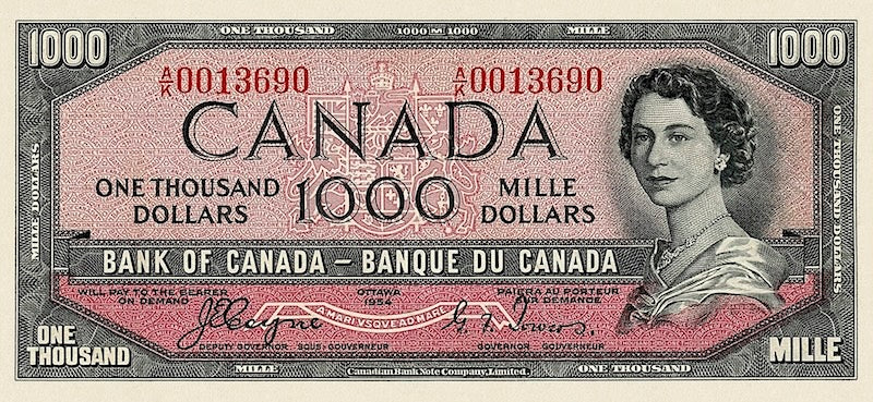 Canada banknotes, Elizabeth II (The Devil's Face), $1000 Dollars, 1954, Pick P-73, UNC