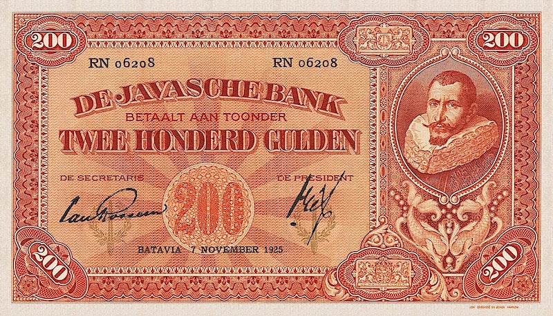 Netherlands Indies banknotes, Uang Kuno Belanda, 200 Gulden, 1925, Pick P-74, UNC