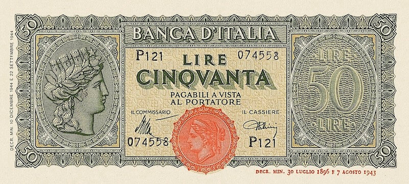 Italy banknote, Italia Turrita Issue, 50 Lire, 1944, Pick P-74, UNC