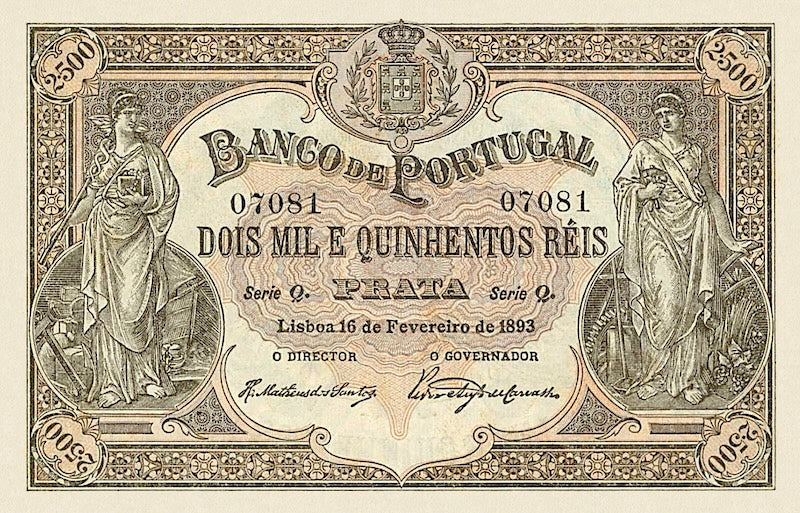 Banco de Portugal banknote, 2500 Reis, 1893, Pick P-74, UNC