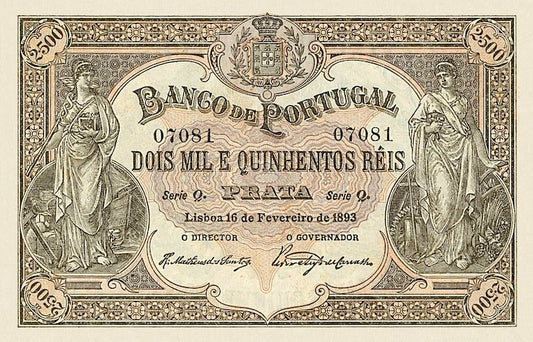 Banco de Portugal banknote, 2500 Reis, 1893, Pick P-74, UNC