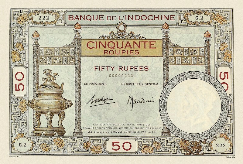 French India banknote, Banque de l'Indochine, 50 Rupees / Roupies, 1919, Pick P-7, UNC