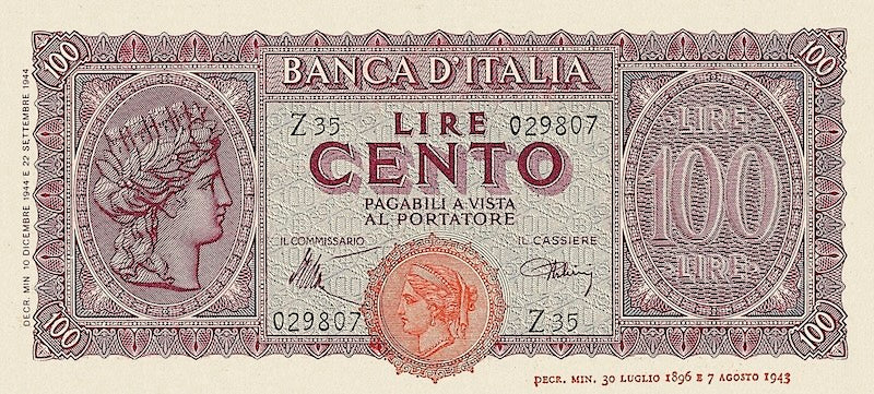 Italy banknote, Italia Turrita Issue, 100 Lire, 1944, Pick P-75, UNC