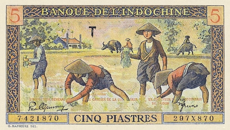 French Indo-China banknotes, Banque de l'Indochine, 5 Piastres, 1949, Pick P-75, UNC