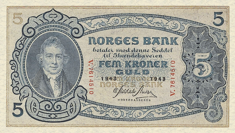 Norway banknotes, Norges Bank, 5 Kroner, 1943, Pick P-7, UNC