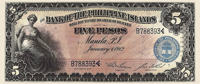 Philippine Islands banknote, 5 Pesos, 1912, Pick P-7, UNC