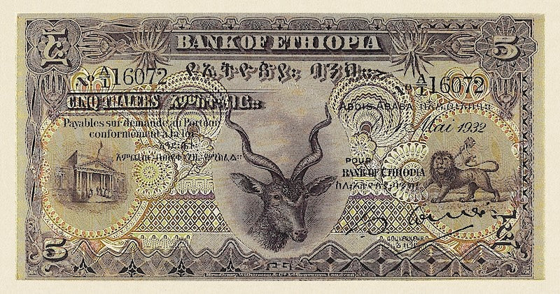 Ethiopia banknotes, Bank of Ethiopia, 5 Thalers, 1932, Pick P-7, UNC