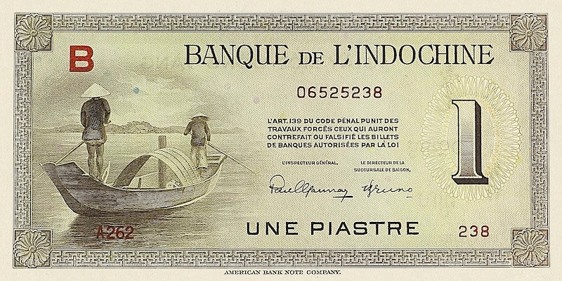 French Indo-China banknotes, Banque de l'Indochine,  1 Piastre, 1945, Pick P-76, UNC