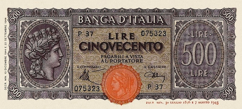 Italy banknote, Italia Turrita Issue, 500 Lire, 1944, Pick P-76, UNC