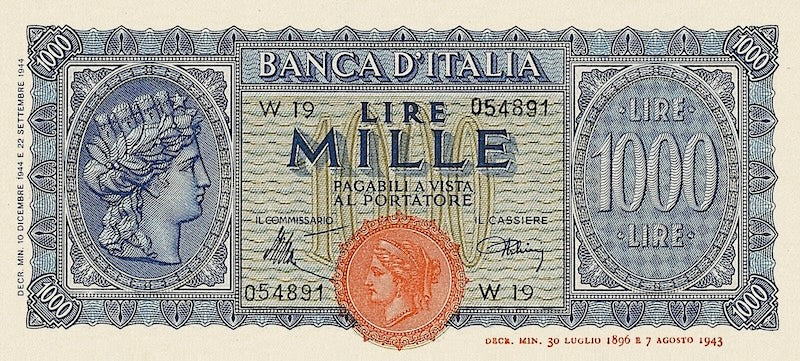 Italy banknote, Italia Turrita Issue, 1000 Lire, 1944, Pick P-77, UNC
