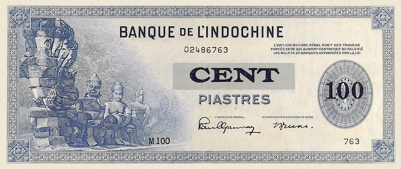 French Indo-China banknotes, Banque de l'Indochine, 100 piastres, 1945, Pick P-78, UNC