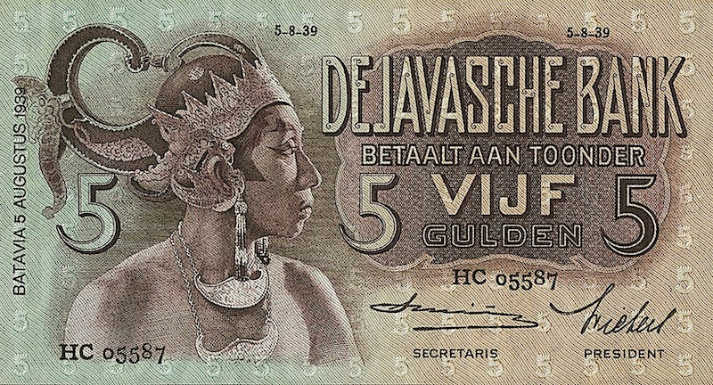 Netherlands Indies banknotes, Uang Kuno Belanda, 5 Gulden, 1938, Pick P-78, UNC