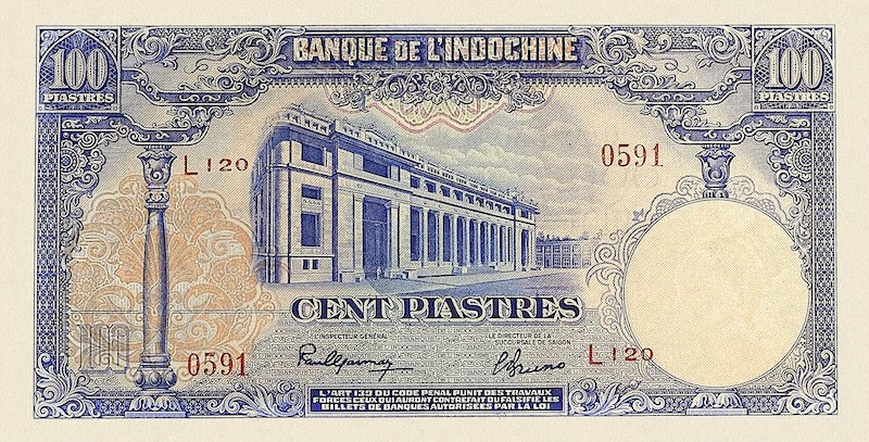 French Indo-China banknotes, Banque de l'Indochine,  100 Piastres, 1945, Pick P-79, UNC