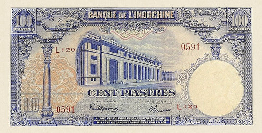 French Indo-China banknotes, Banque de l'Indochine,  100 Piastres, 1945, Pick P-79, UNC
