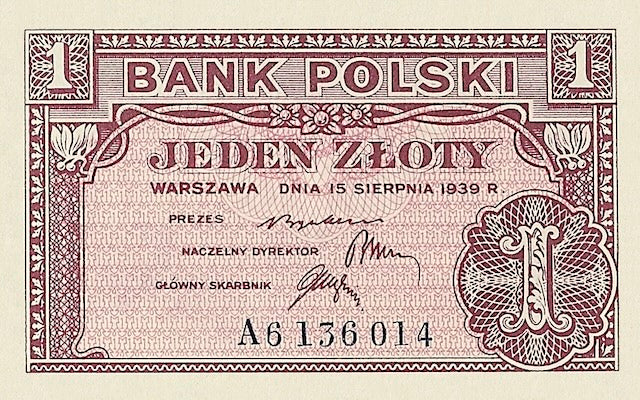 Poland banknotes, Bank Polski, 1 Złoty, 1939, Pick P-79, UNC