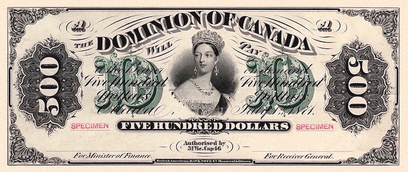 Dominion of Canada banknote, $500 Dollars, 1871, Pick P-14, UNC
