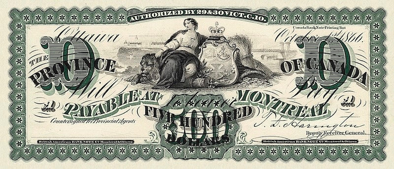 Province of Canada banknote, $500 Dollars, 1866, Pick P-7A, UNC