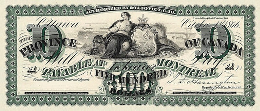 Province of Canada banknote, $500 Dollars, 1866, Pick P-7A, UNC