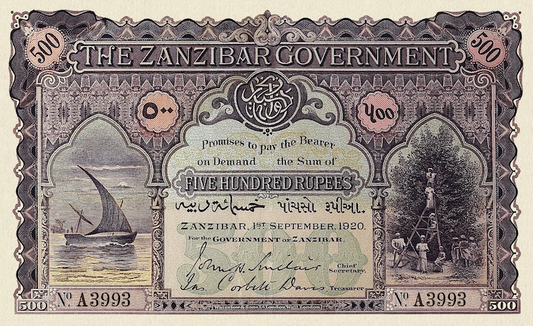 Zanzibar banknote, King George V (KGV), 500 Rupees, 1920, Pick P-7, UNC