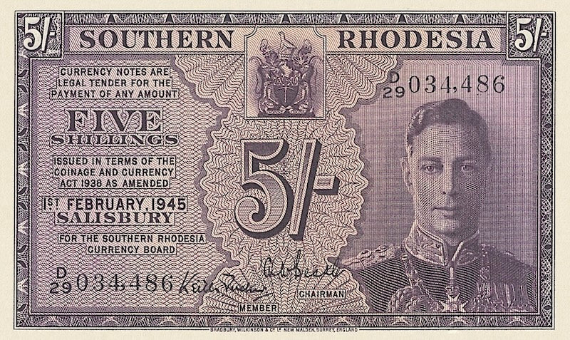 Southern Rhodesia banknotes, 5 shillings, 1939, Pick P-8, UNC