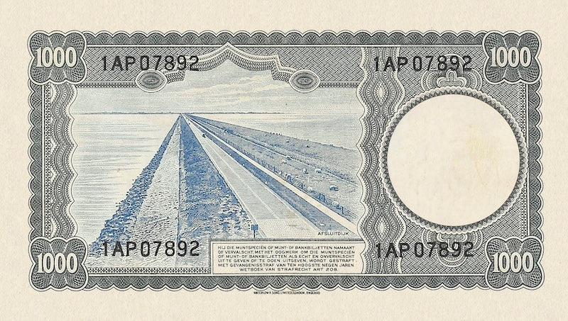 Netherlands banknote, Nederlandsche Bank, 1000 Gulden, 1945, Pick P-80, UNC