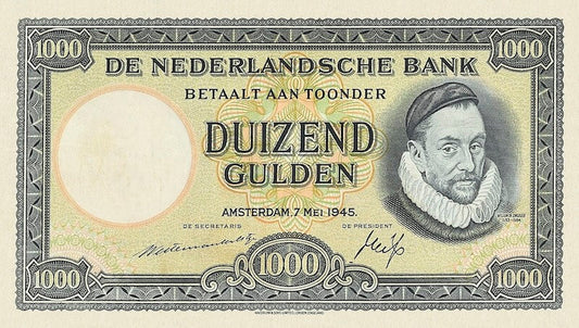 Netherlands banknote, Nederlandsche Bank, 1000 Gulden, 1945, Pick P-80, UNC
