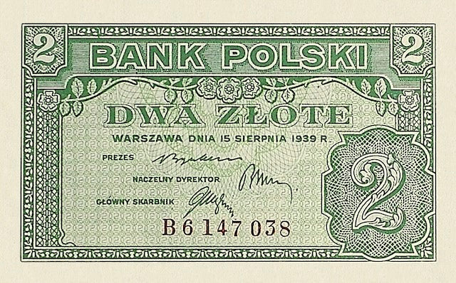 Poland banknotes, Bank Polski, 2 Zlotych, 1939, Pick P-80, UNC