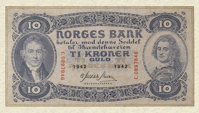 Norway banknotes, Norges Bank, 10 Kroner, 1942, Pick P-8, UNC