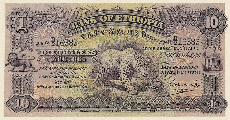Ethiopia banknotes, Bank of Ethiopia, 10 Thalers, 1932, Pick P-8, UNC