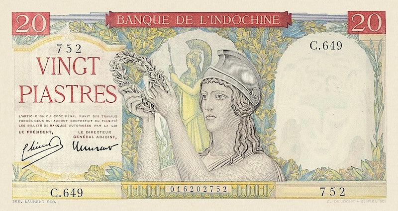 French Indo-China banknotes, Banque de l'Indochine, 20 Piastres, 1947, Pick P-81, UNC