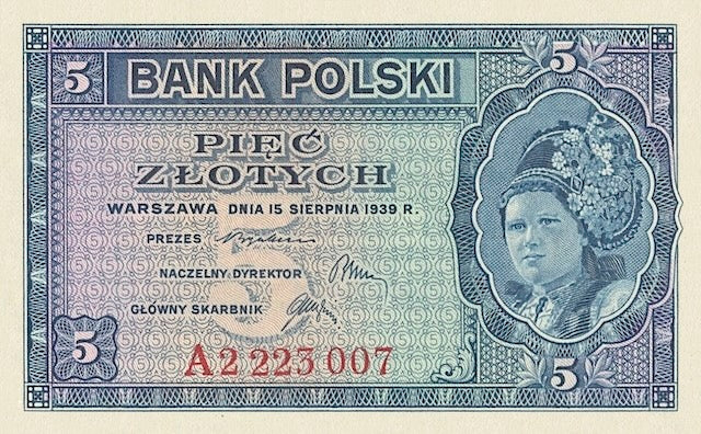 Poland banknotes, Bank Polski, 5 Zlotych, 1939, Pick P-81, UNC