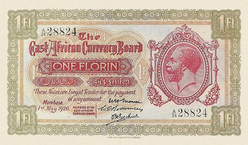 British East Africa banknotes, King George V, 1 Florin, 1920, Pick P-8, UNC
