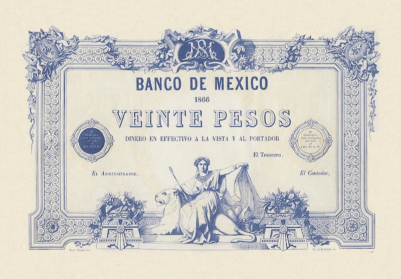 Mexico banknote, Empire of Maximilian, Banco de Mexico, 20 Pesos, Year 1866, Pick P-8, UNC