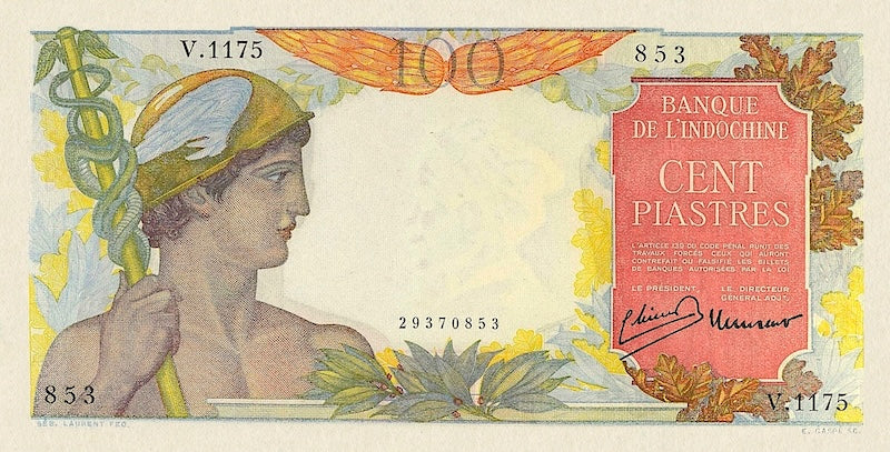 French Indo-China banknotes, Banque de l'Indochine, 100 Piastres, 1947, Pick P-82, UNC
